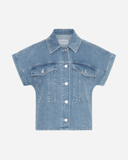 Blue denim short sleeve jacket on a white background