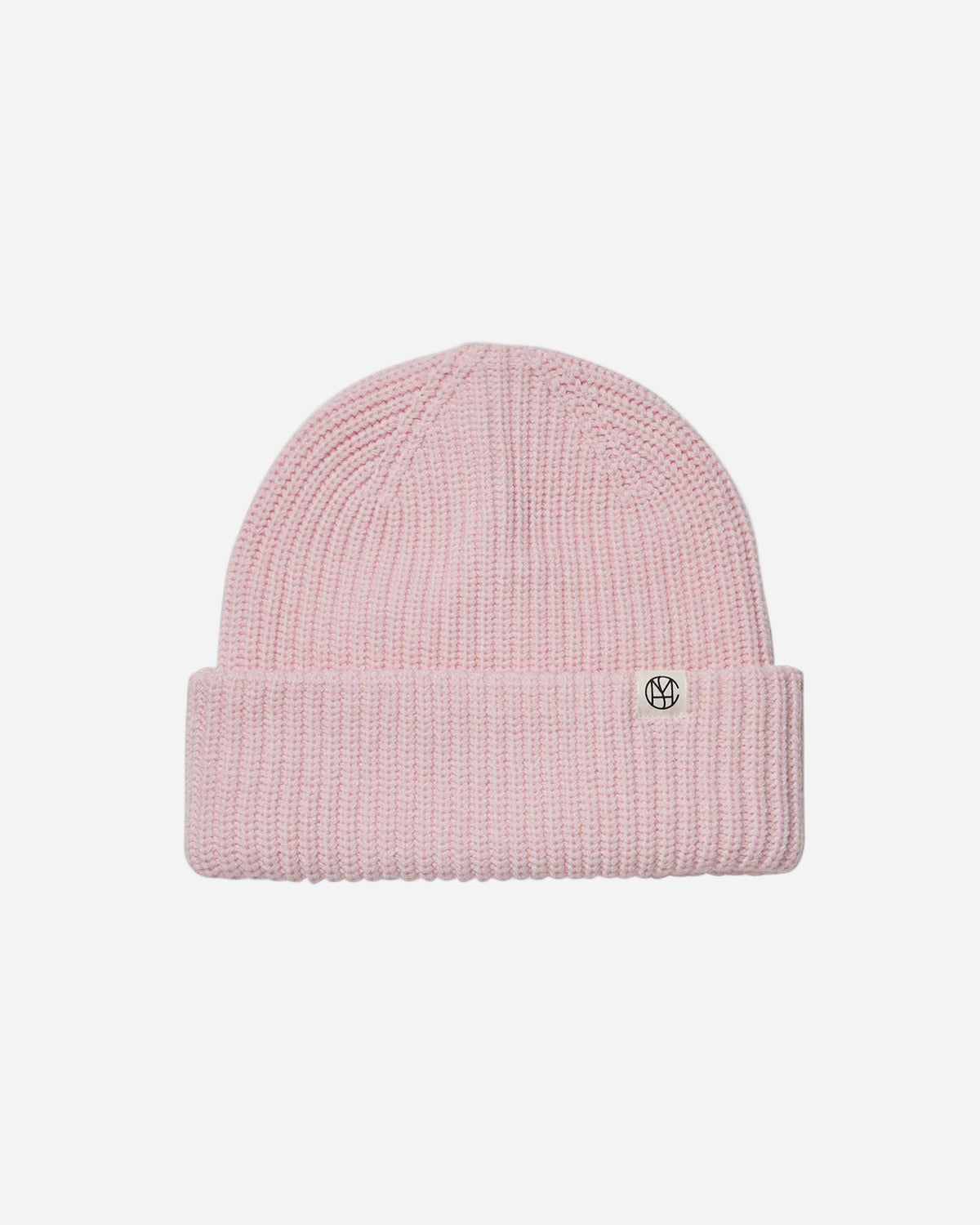 Pink beanie with a small logo on a light gray background