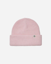 Pink beanie with a small logo on a light gray background