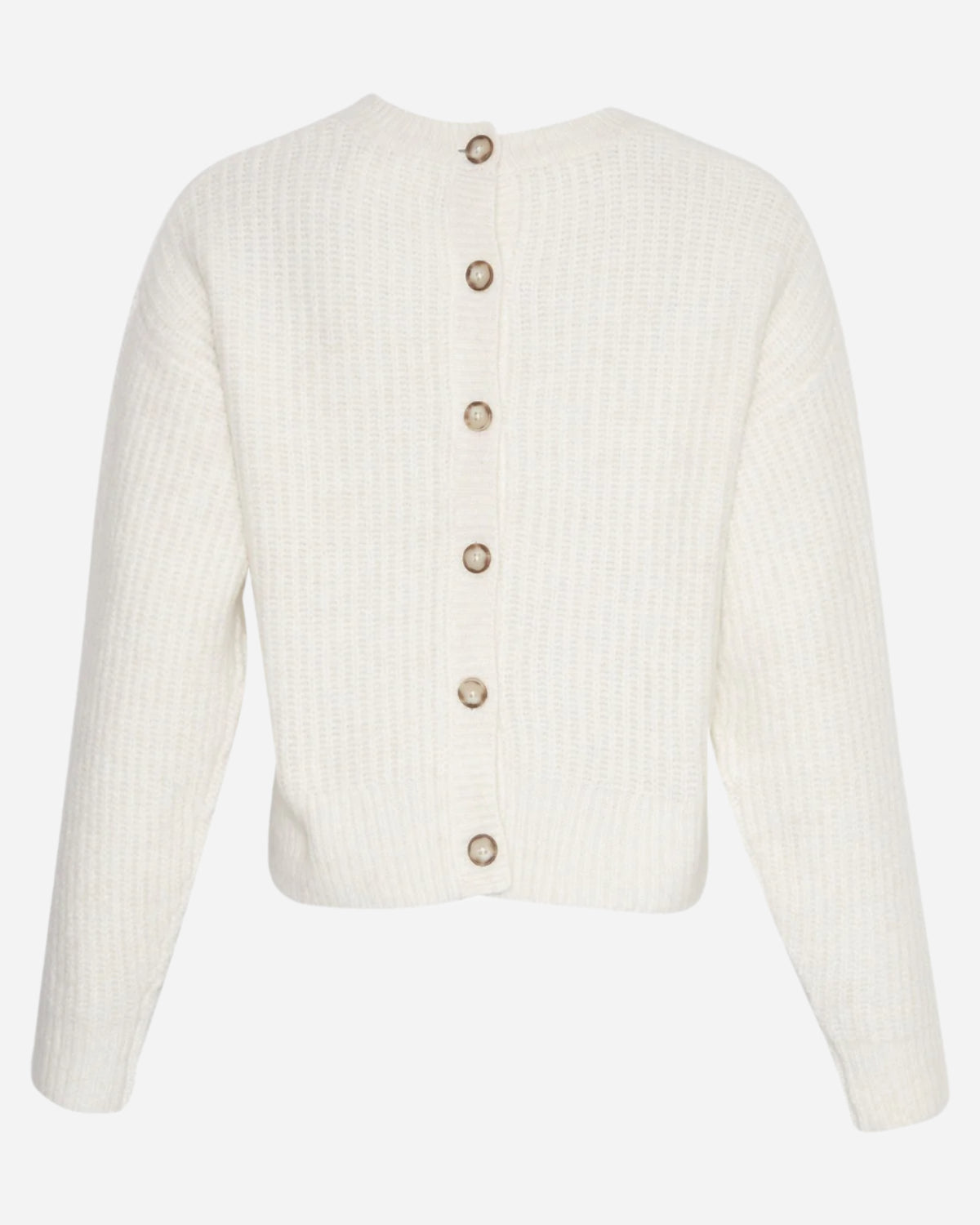 White ribbed knit cardigan with buttons on a white background