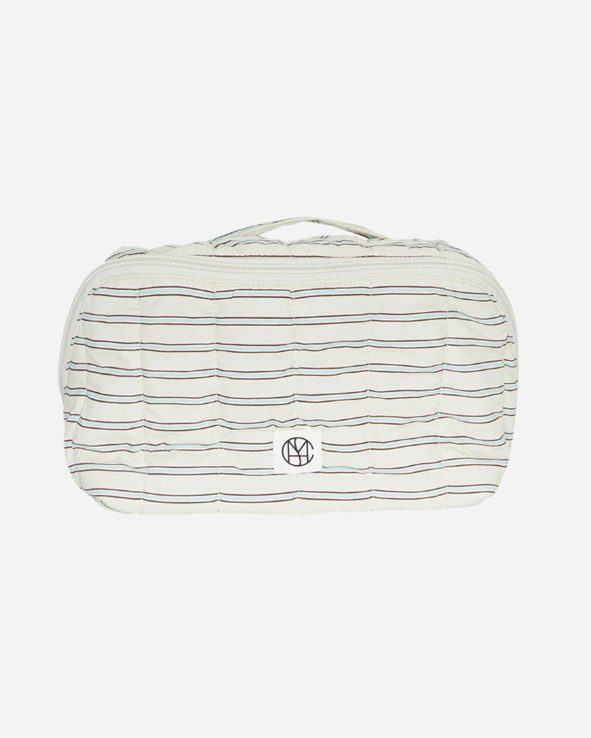 Striped toiletry bag with a logo on a white background