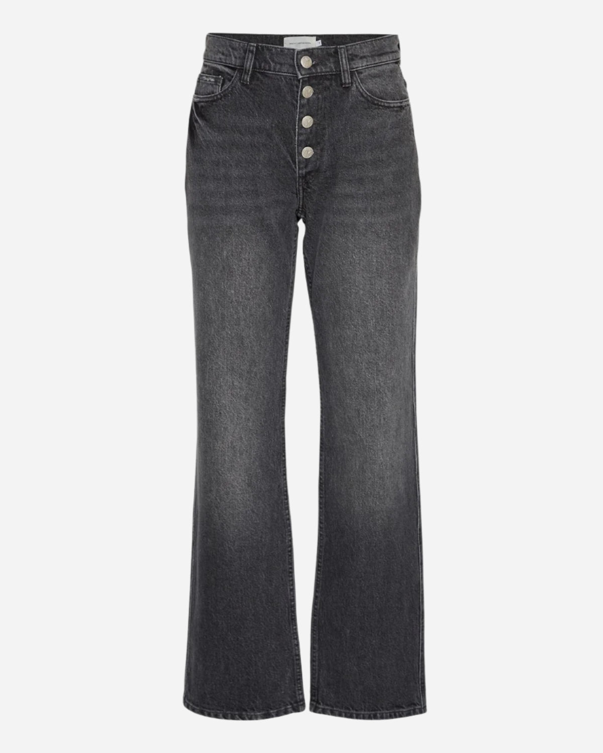 Black jeans with button details on a white background