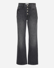 Black jeans with button details on a white background