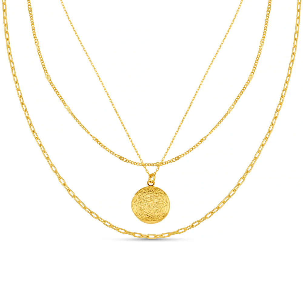 DETAILED LOCKET 3-ROW NECKLACE GOLD