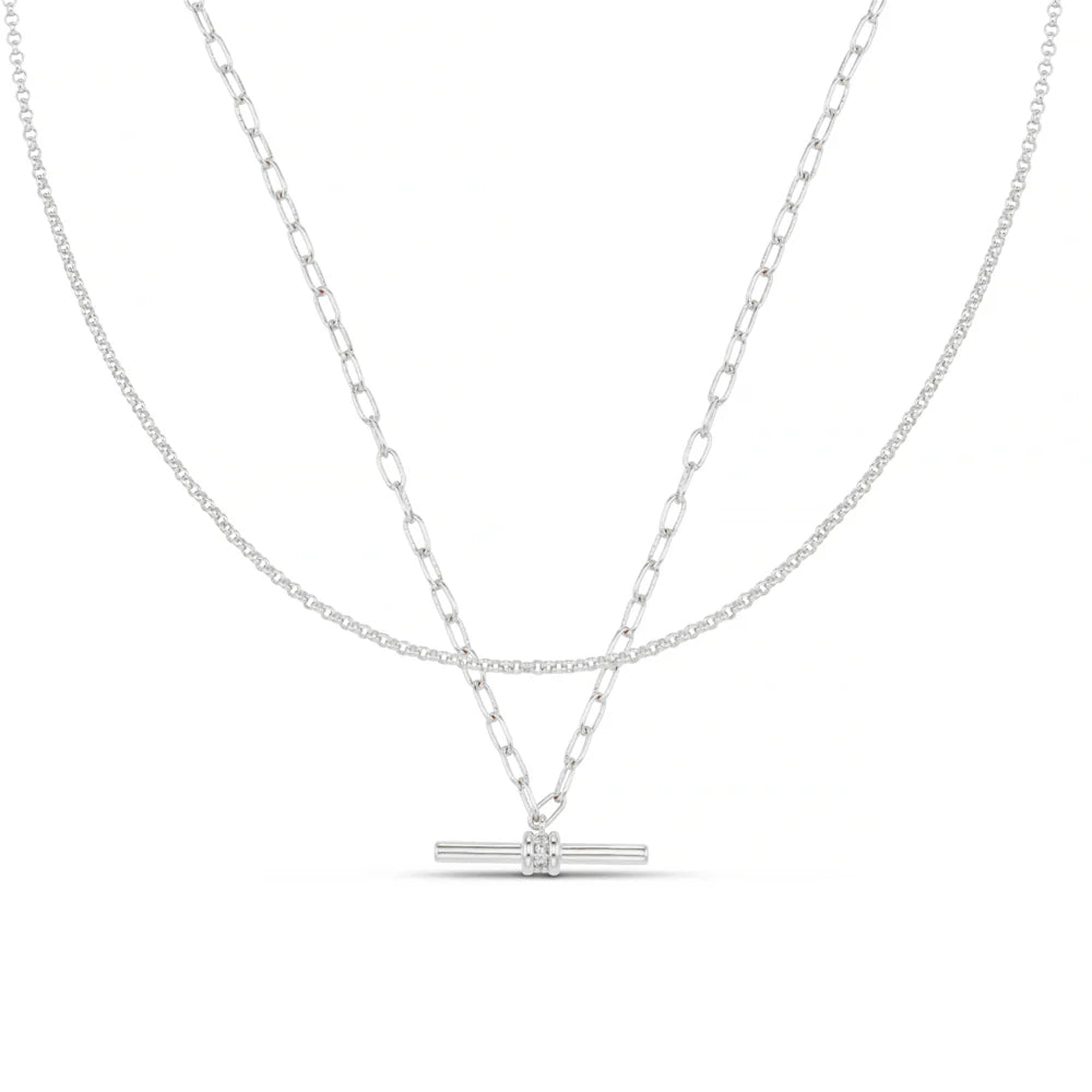 ORE31639 CRYSTAL DETAIL T-BAR 2 ROW NECKLACE SILVER