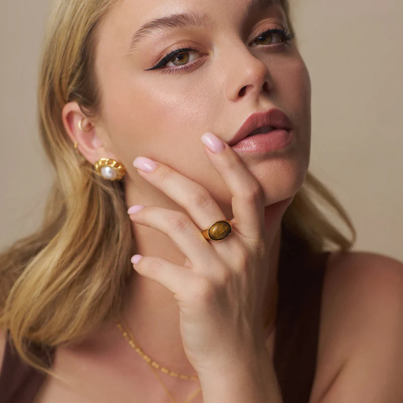 SEMI PRECIOUS TIGERS EYE STATEMENT RING GOLD