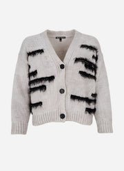 Beige cardigan with black buttons and black stripe detail
