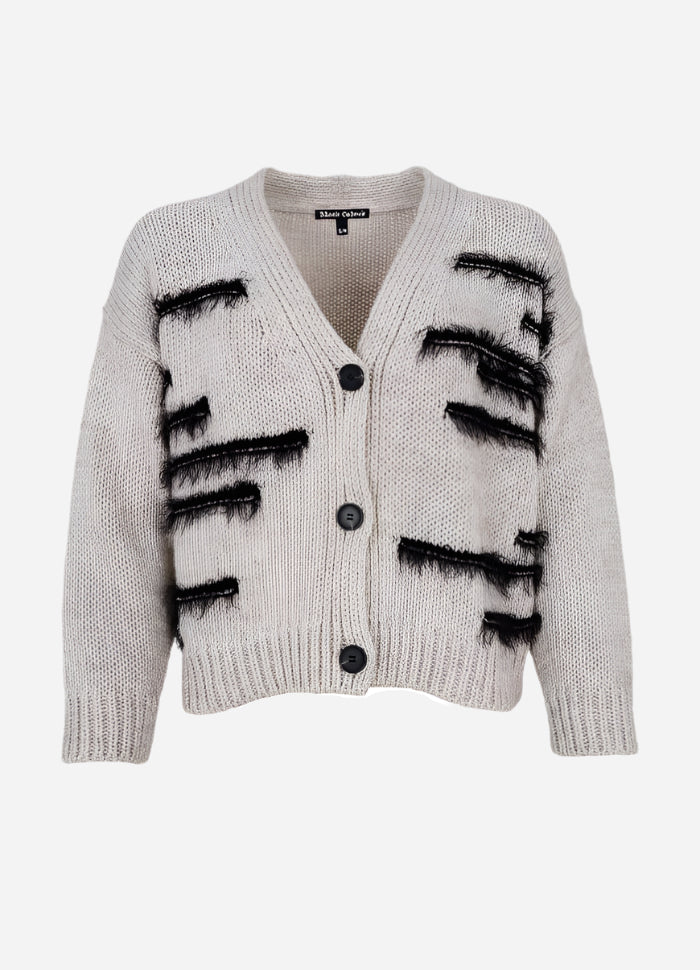 Beige cardigan with black buttons and black stripe detail