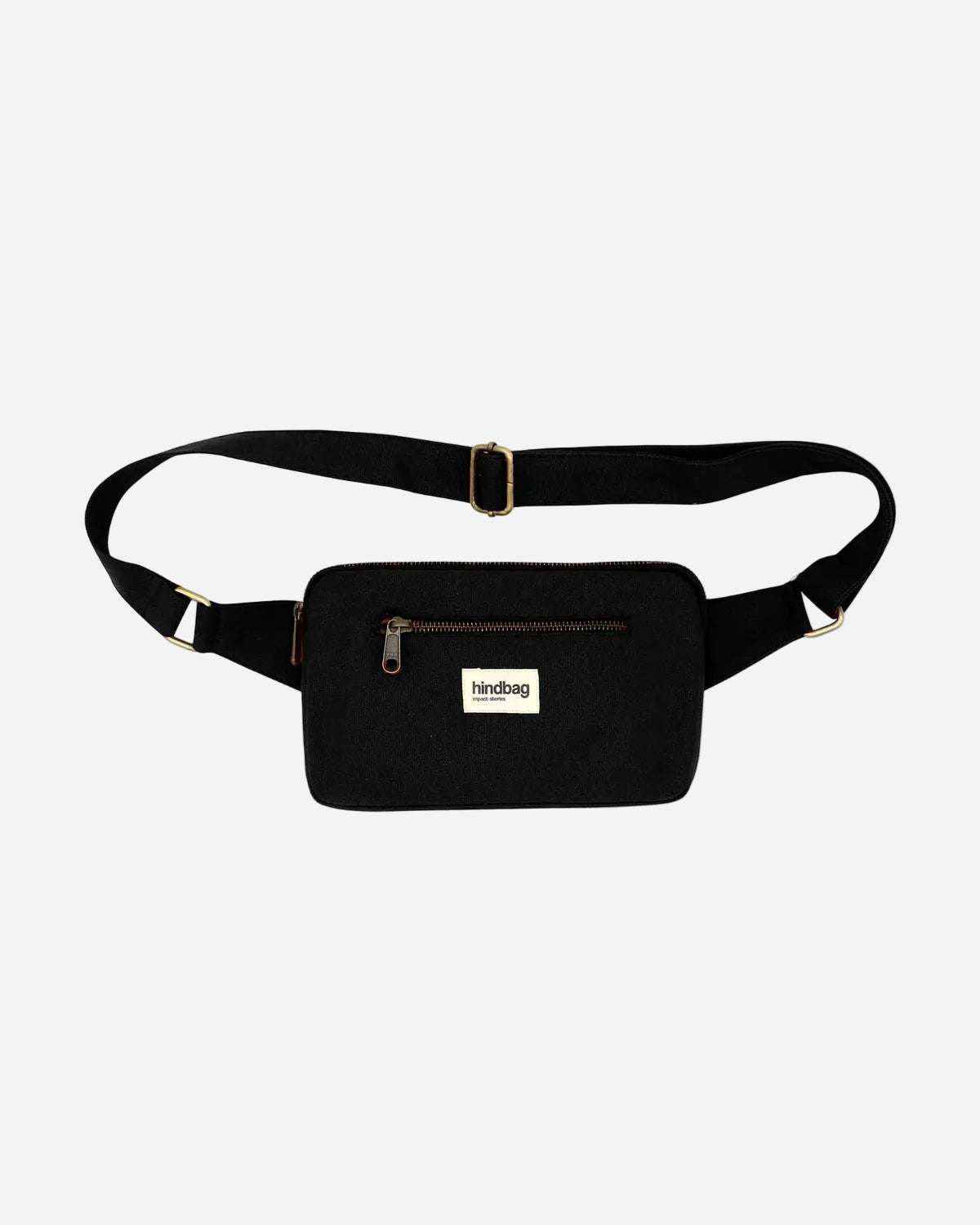 Black waist bag with a visible brand logo on a white background