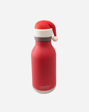 Red water bottle with a Santa hat on a white background