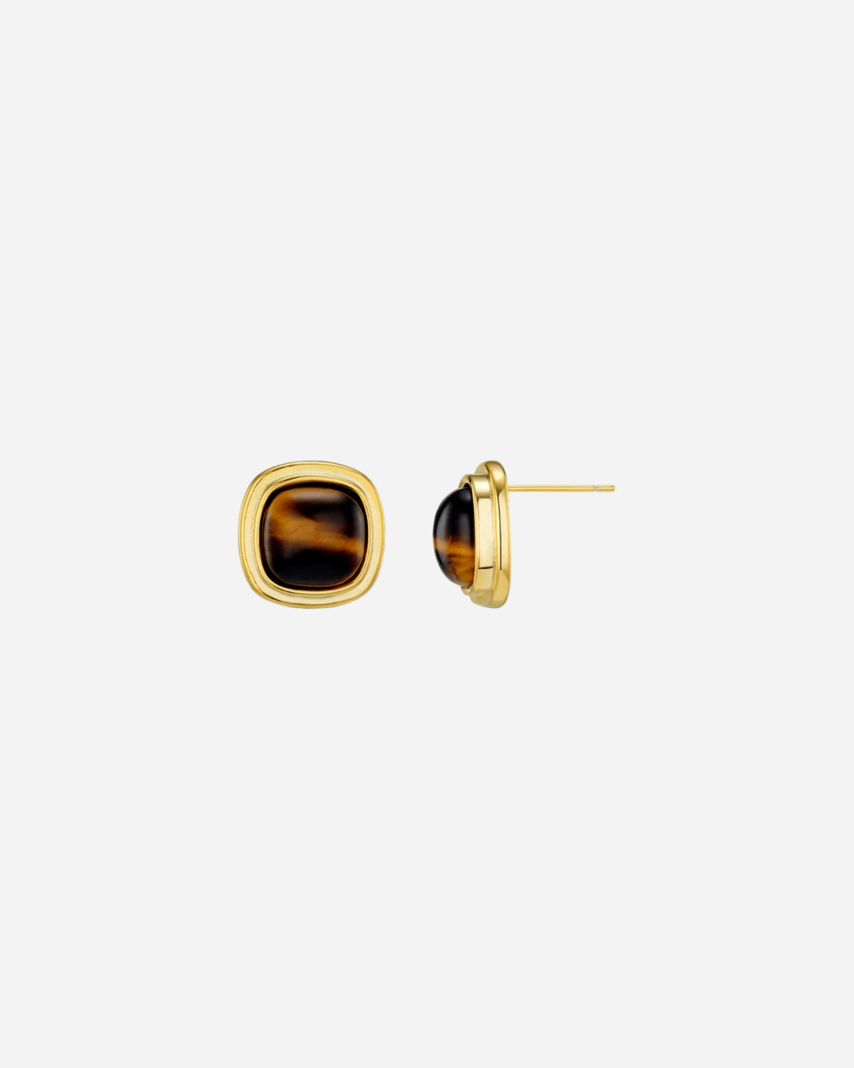Gold earrings with tiger's eye stones on a white background