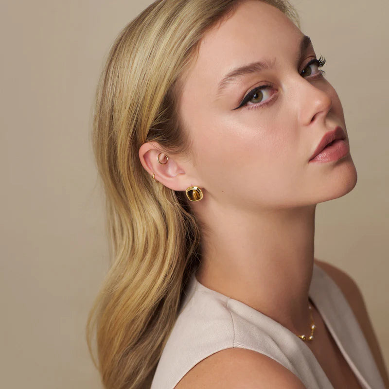 SEMI PRECIOUS TIGERS EYE SQUARE STUDS GOLD