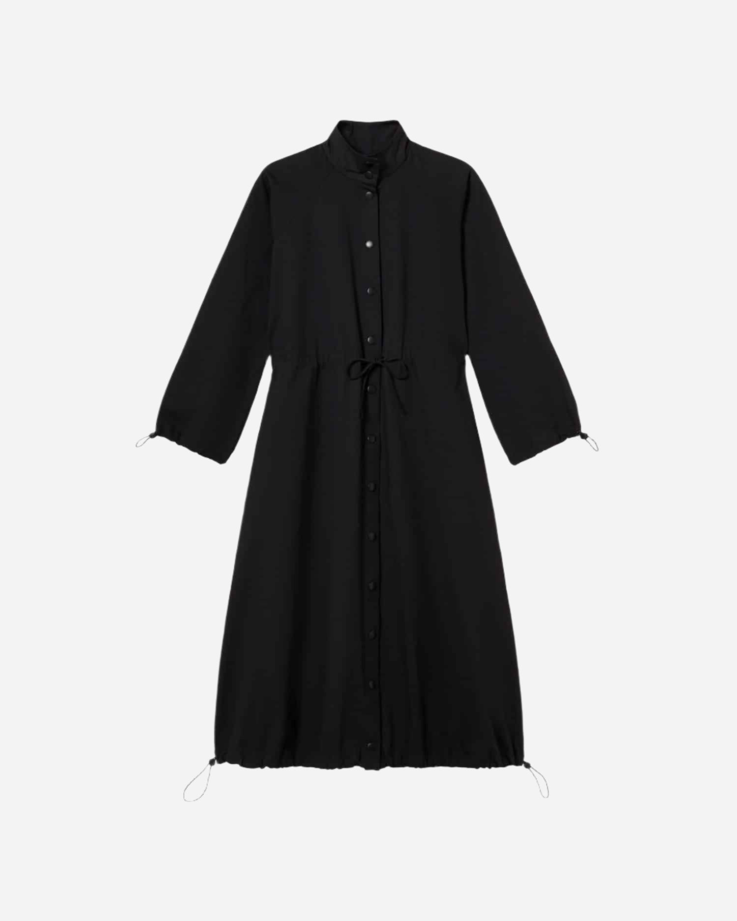 Black midi length shirt dress with drawstring waist