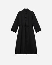 Black midi length shirt dress with drawstring waist
