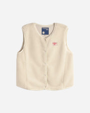 Beige vest with a blue label on a white background