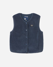 Navy blue vest with button details on a white background