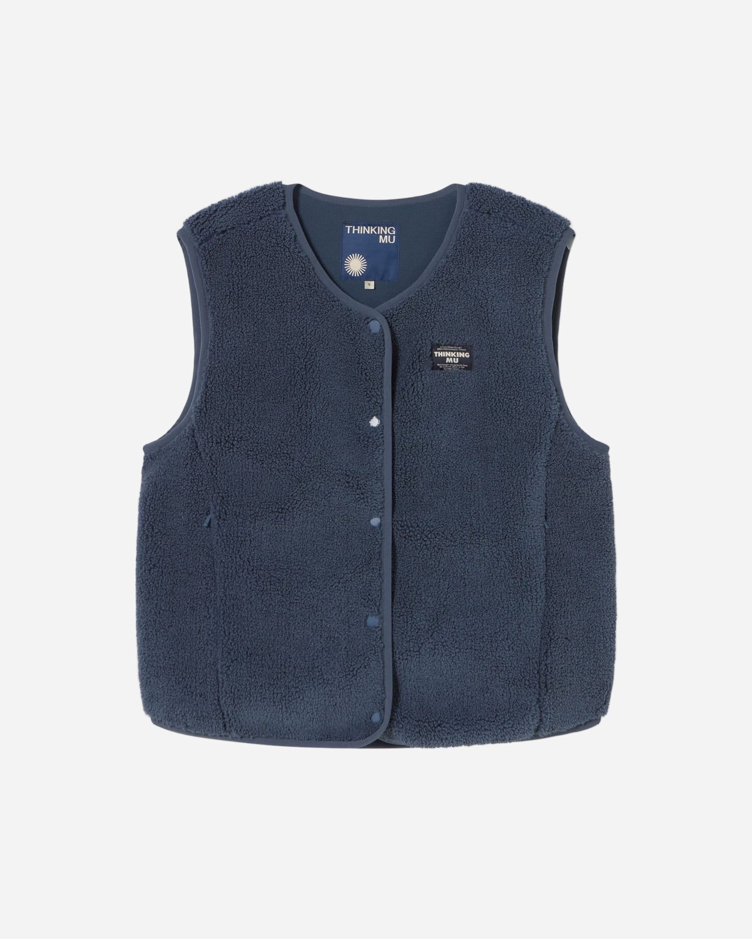 Navy blue vest with button details on a white background