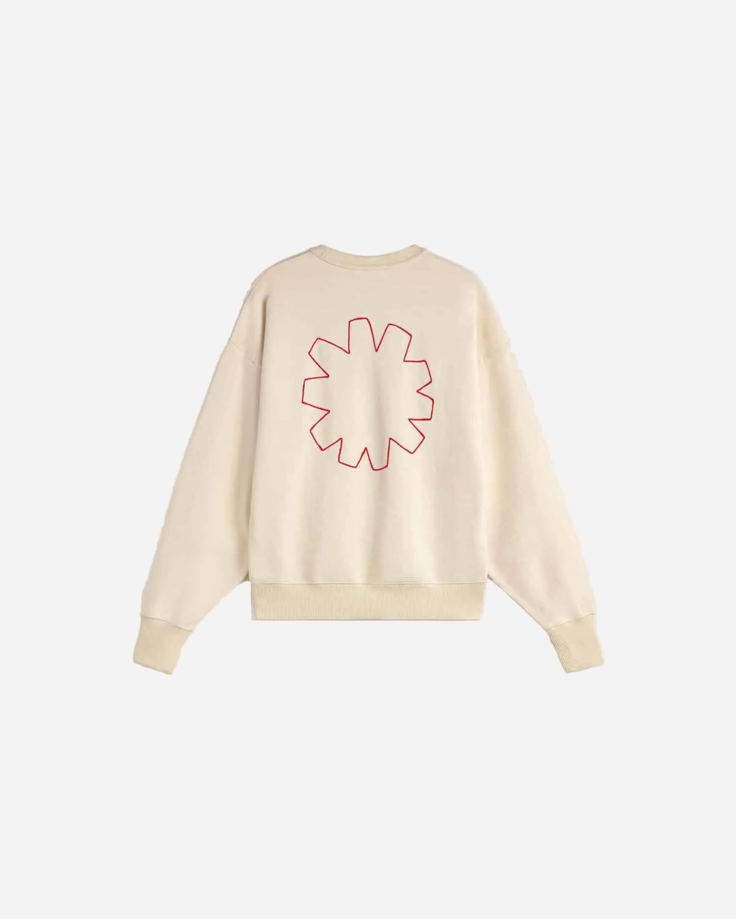 Beige sweatshirt with a red geometric design on the back against a white background
