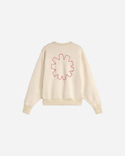 Beige sweatshirt with a red geometric design on the back against a white background