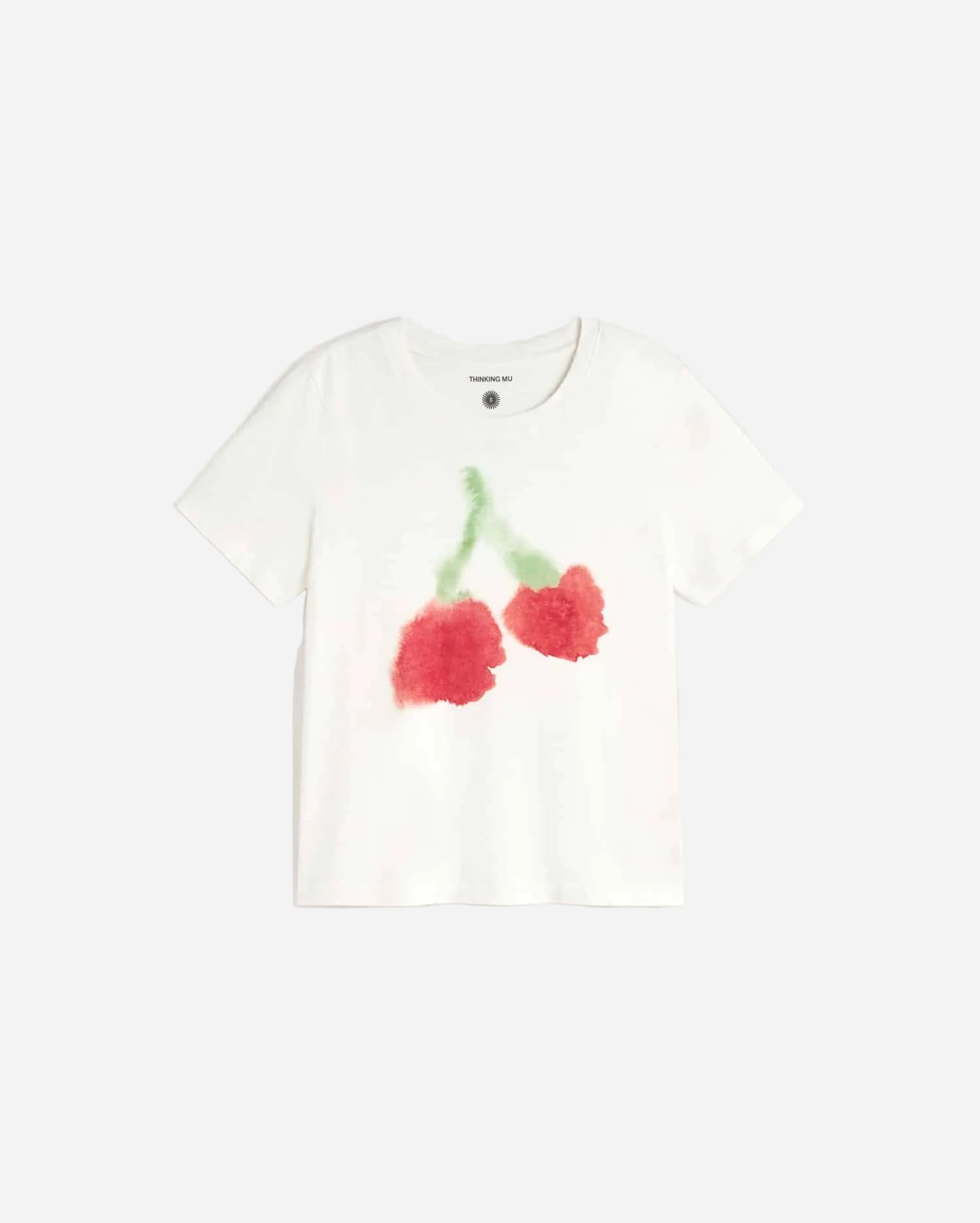 White t-shirt with red cherry design on a white background