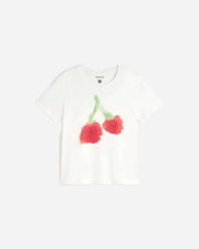 White t-shirt with red cherry design on a white background