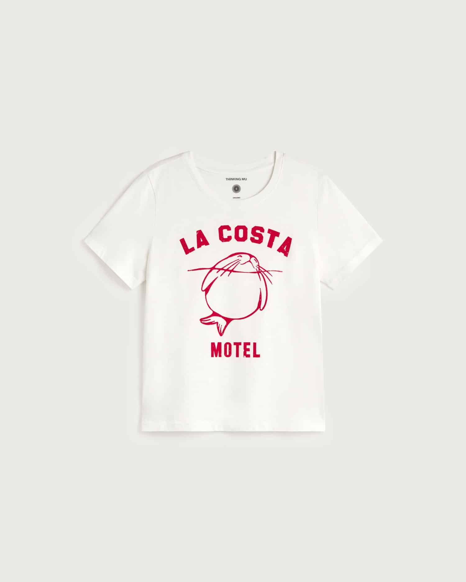 White t-shirt with red 'La Costa Motel' logo on a white background
