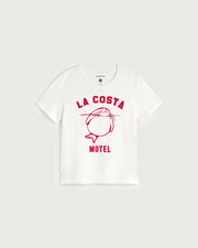 White t-shirt with red 'La Costa Motel' logo on a white background