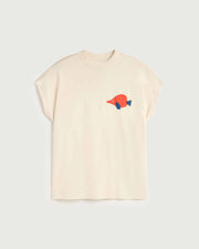 Beige t-shirt with a colorful fish design on a light gray background