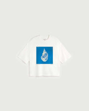 White t-shirt with a blue square graphic featuring a white shell design on a white background