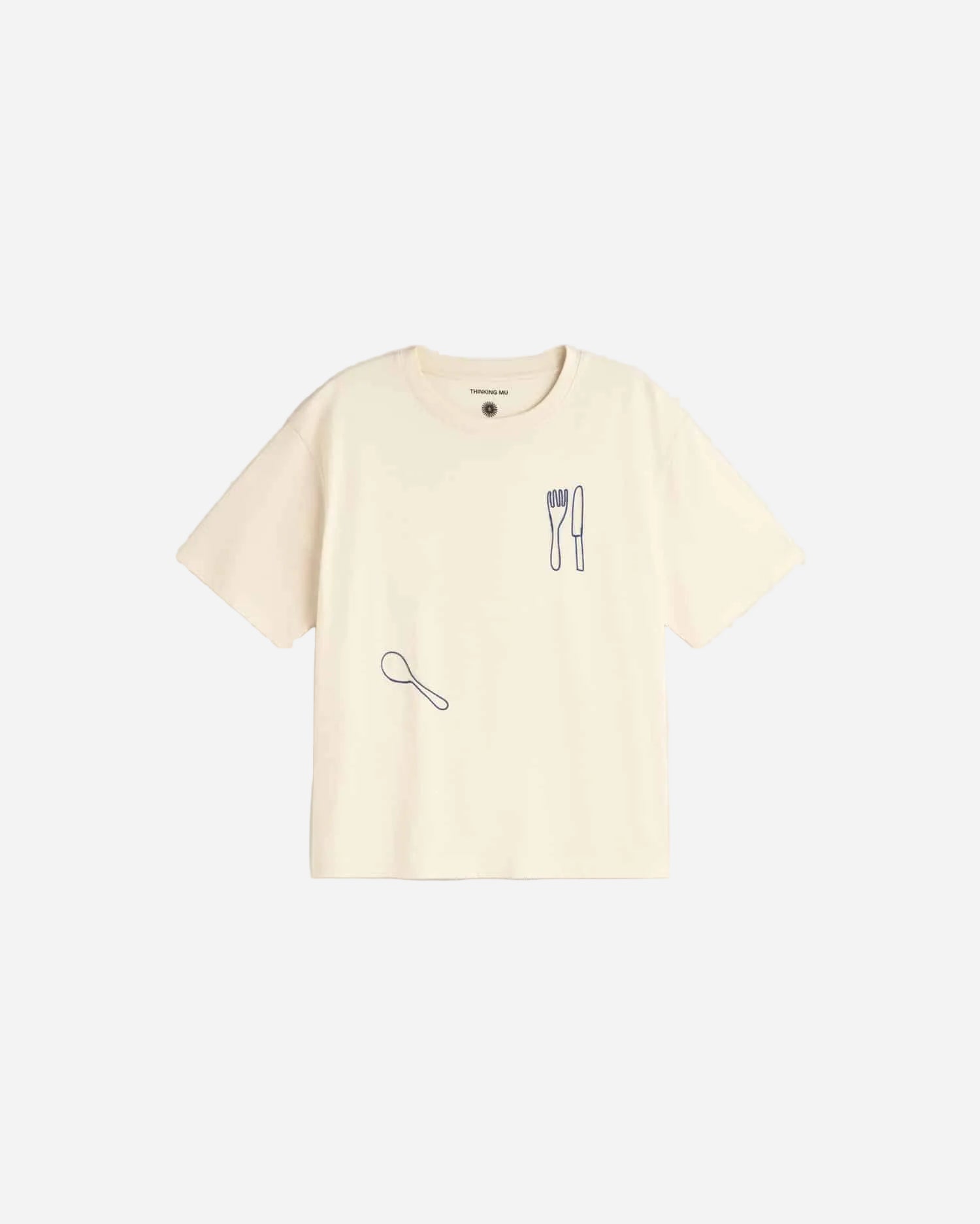Beige t-shirt with spoon and fork designs on a light gray background