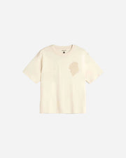 Beige t-shirt with a small graphic on a light gray background